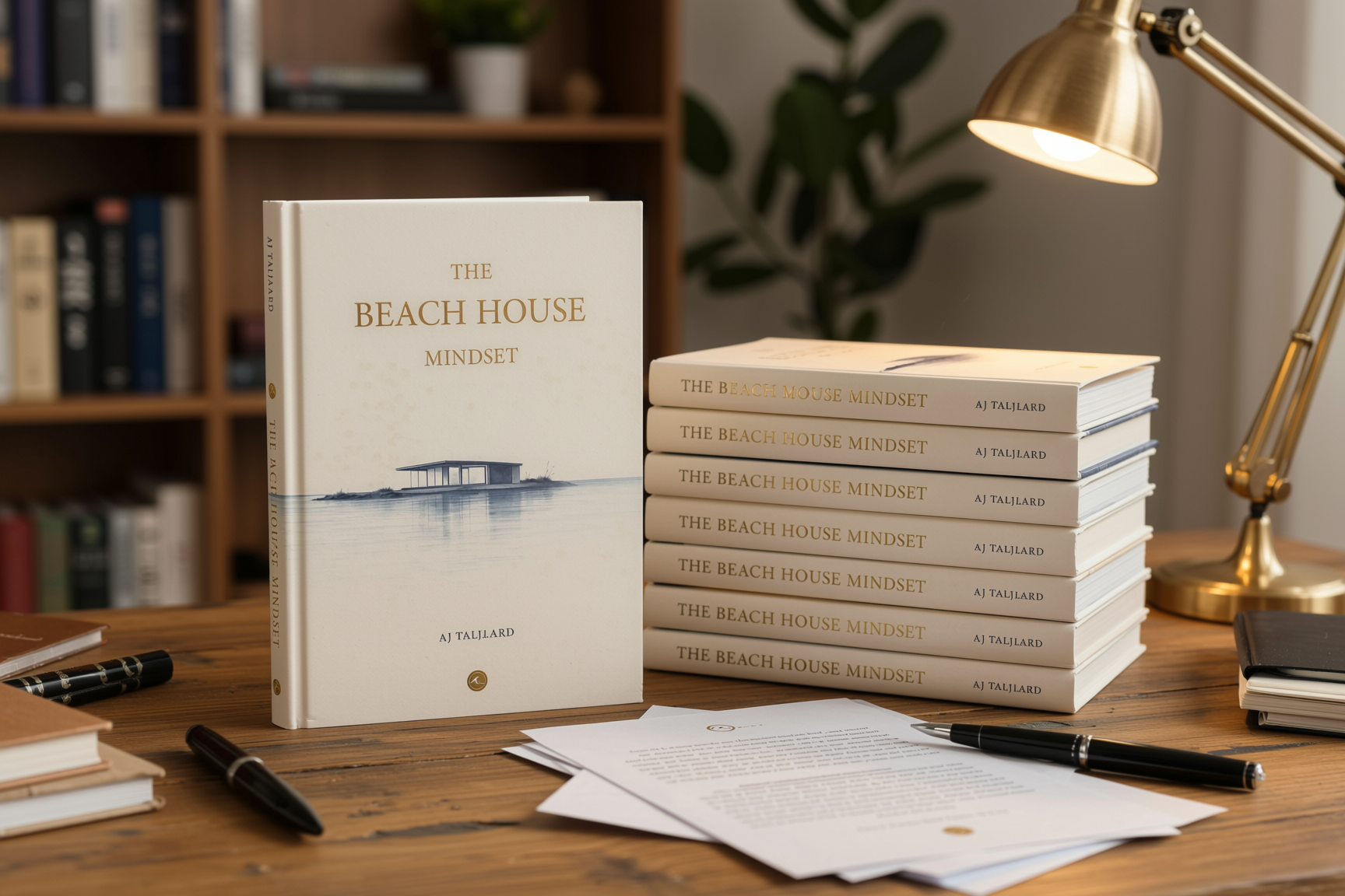 The Beach House Mindset hardcover standing beside a stack of copies on a desk